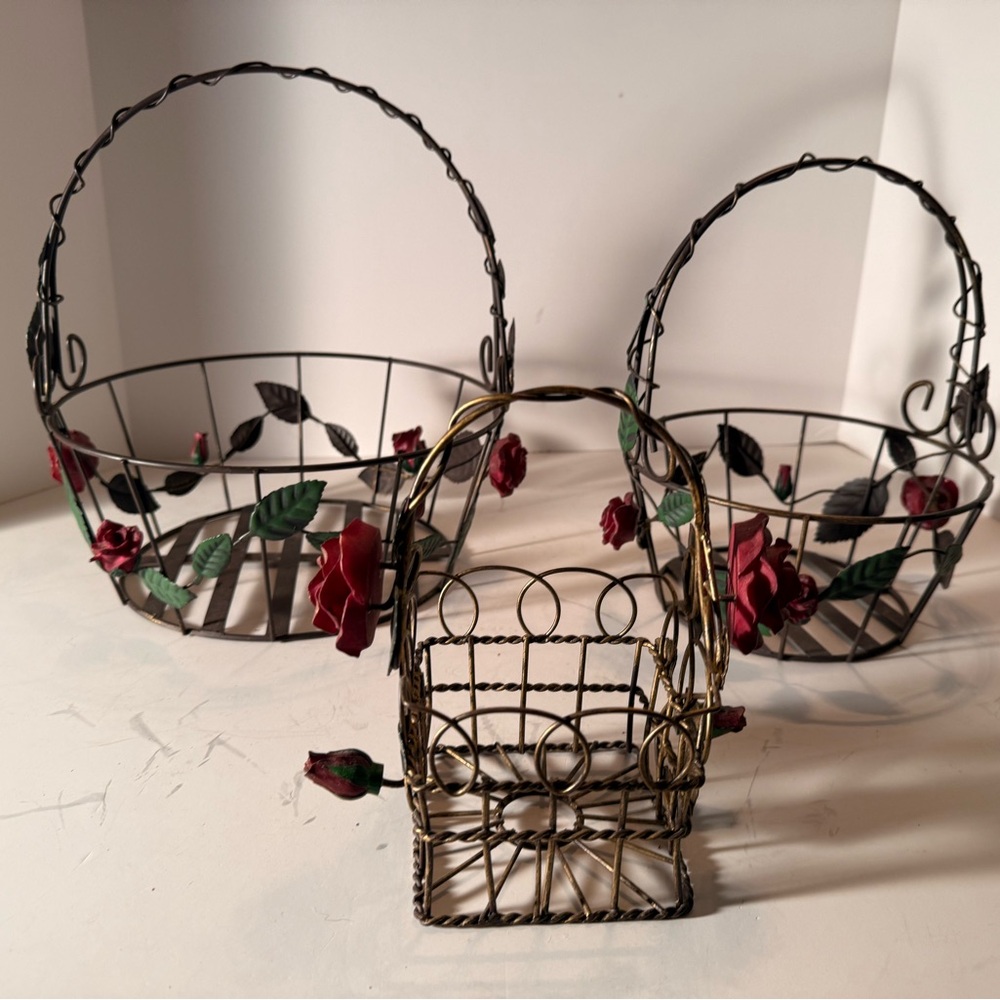 Vintage Wire Baskets with Red Roses and Green Leaf Accents